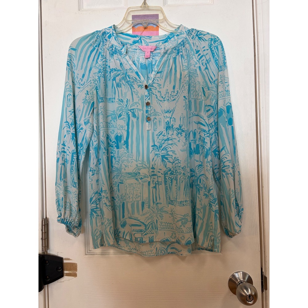 Lilly Pulitzer Elsa Silk Top Blue White Tropical Scenic Print Blouse Womens XS
